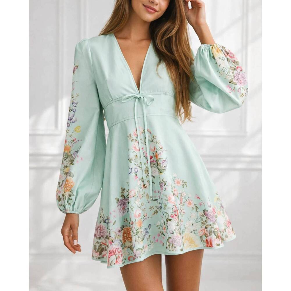 NEW ENDLESS BLU. garden long sleeve mini dress in mint green
